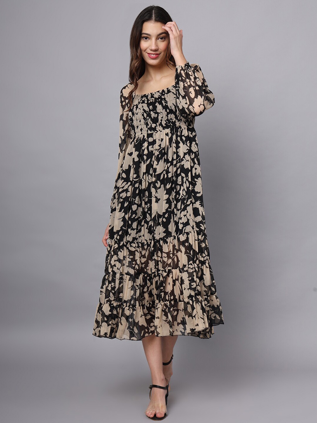

Eavan Women Floral Printed Fit and Flare Midi Dress, Black