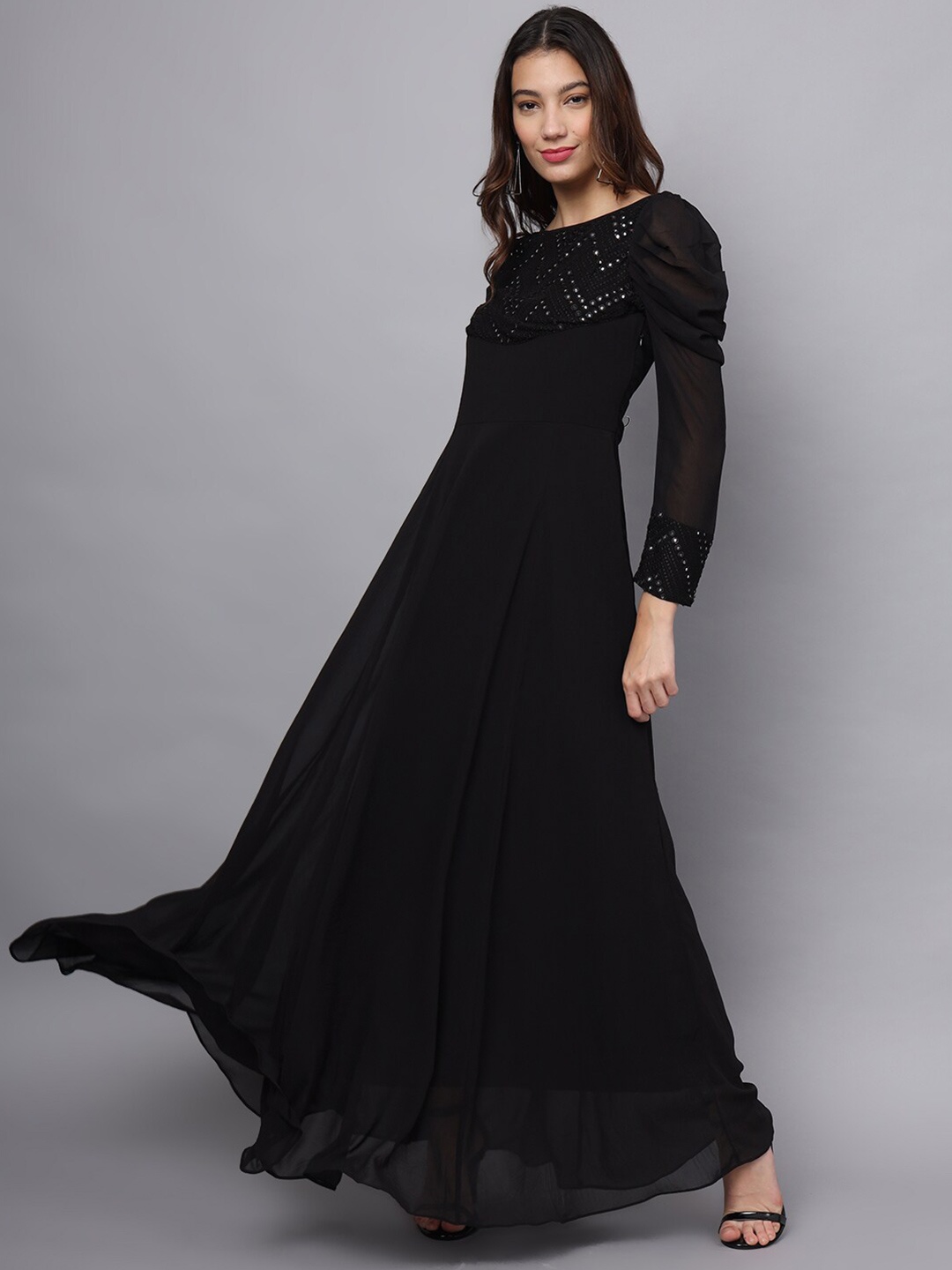 

Eavan Women Puff Sleeve Embroidered Solid Maxi Dress, Black