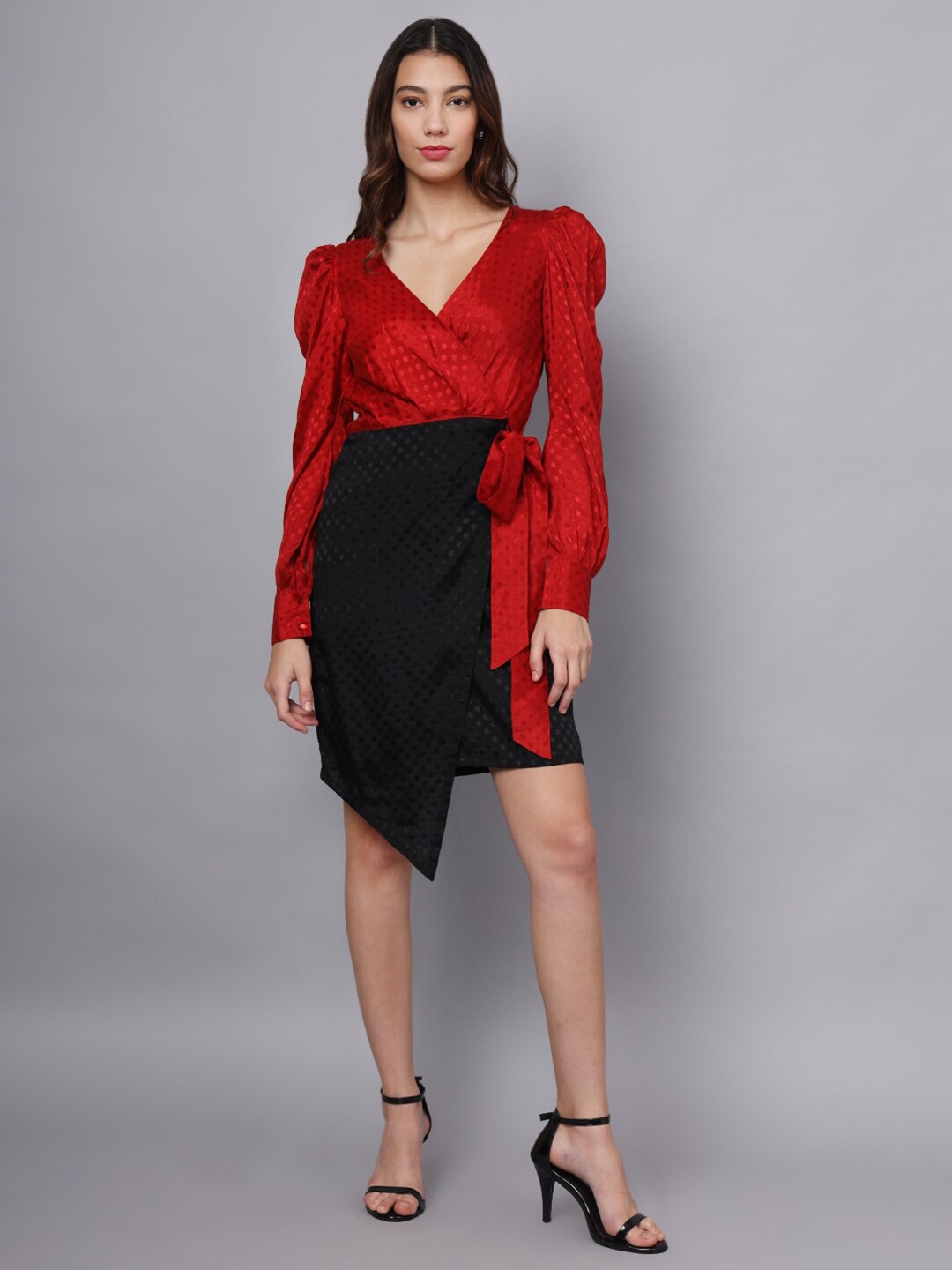 

Eavan Women Puff Sleeve Wrap Solid Short Dress, Red