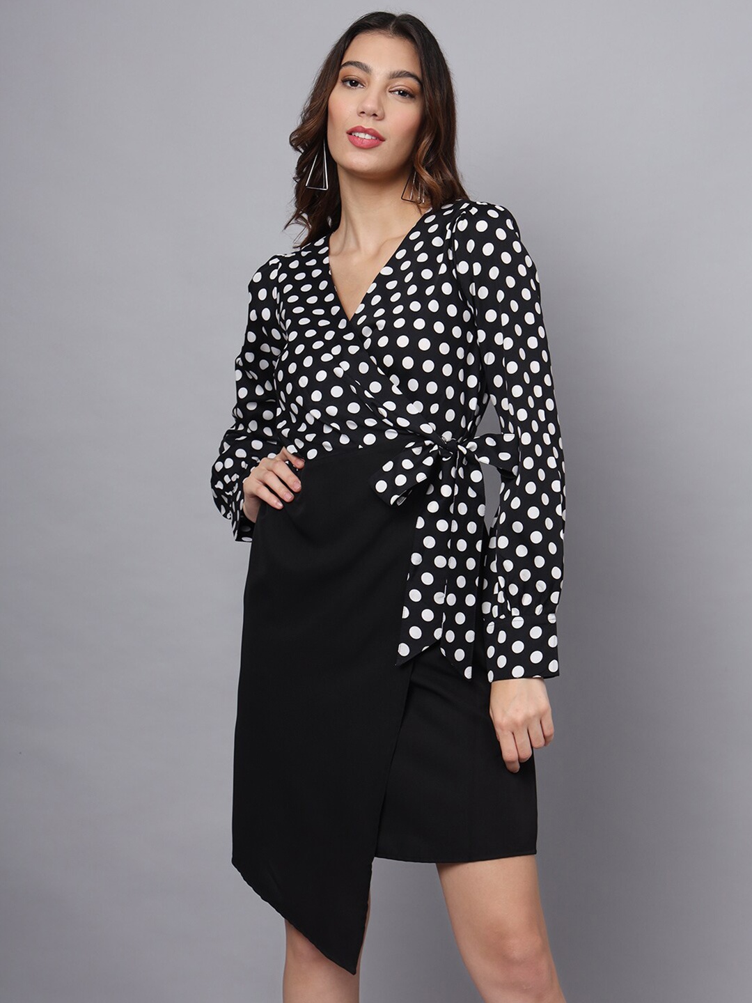 

Eavan Women Polka Dot Printed Wrap Short Dress, Black