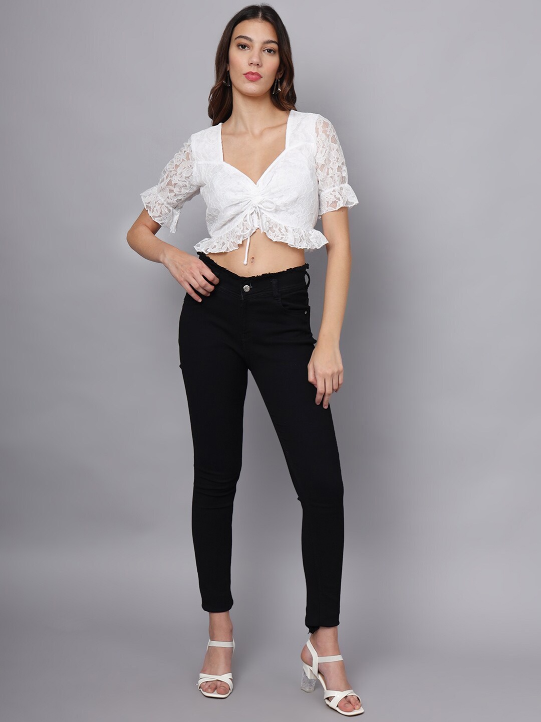 

Eavan Bell Sleeve Crepe Crop Top, White