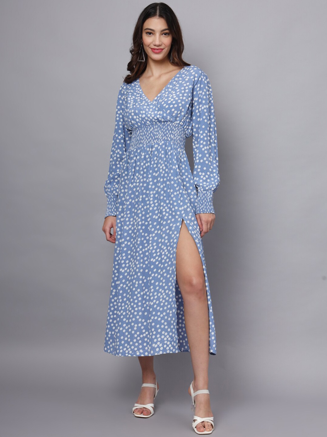 

Eavan Polka Dots Print Puff Sleeve Maxi Dress, Blue