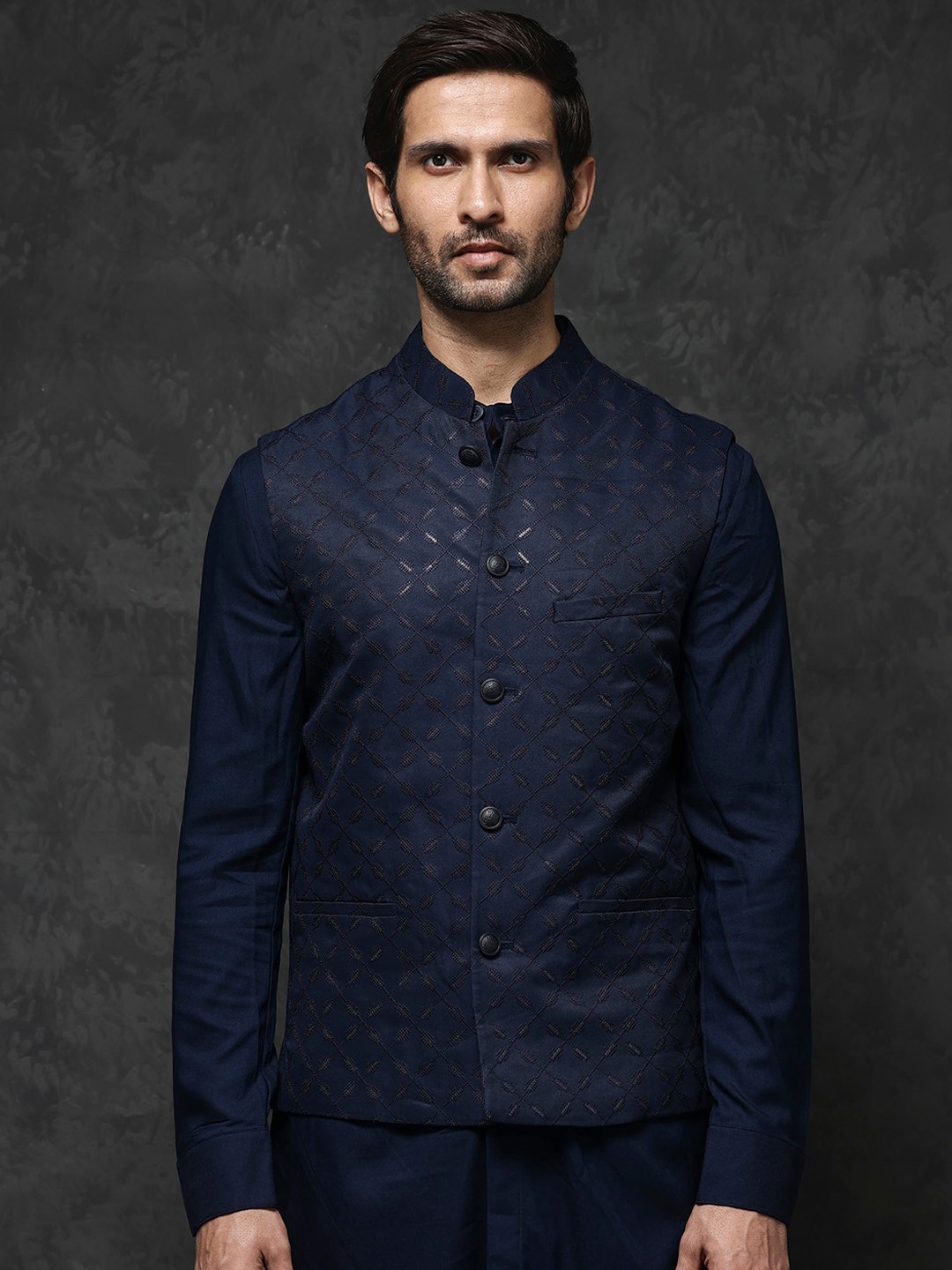 

RARE RABBIT Men Medo-B1 Embroidered Nehru Jacket, Navy blue