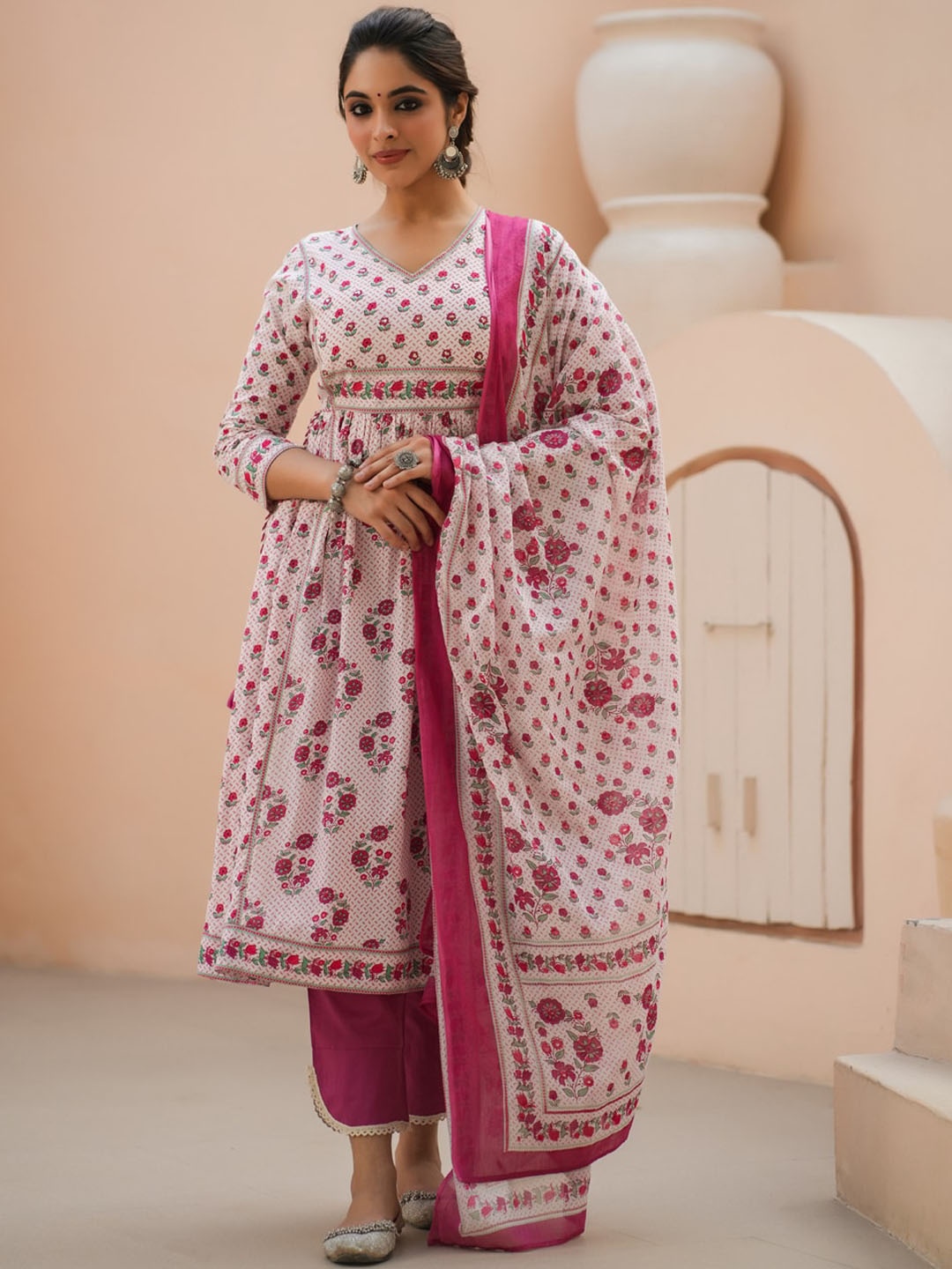 

Rain & Rainbow Floral Printed Sequinned Pure Cotton A-Line Kurta With Trousers & Dupatta, Pink