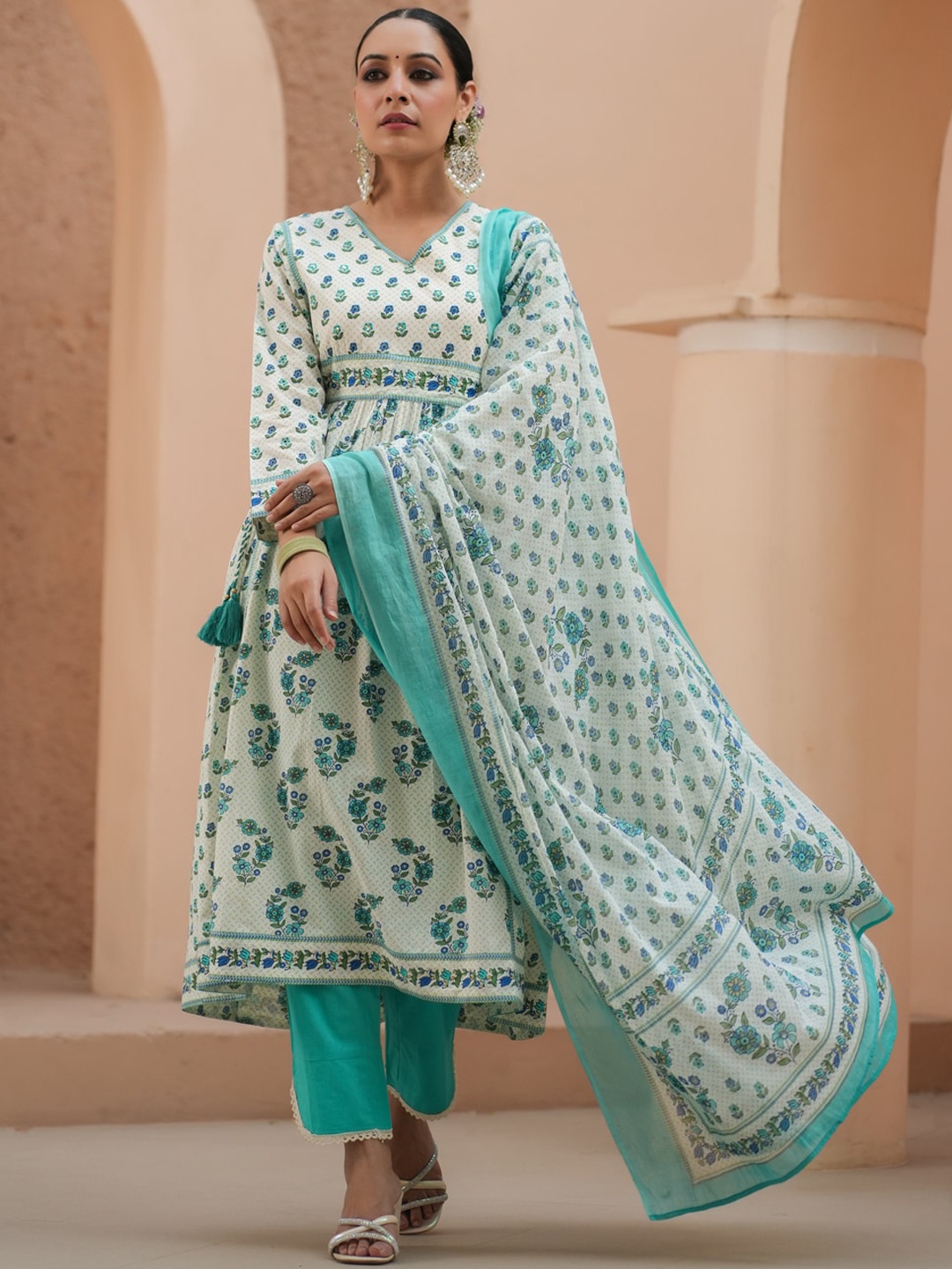 

Rain & Rainbow Floral Printed Sequinned Pure Cotton A-Line Kurta With Trousers & Dupatta, Teal