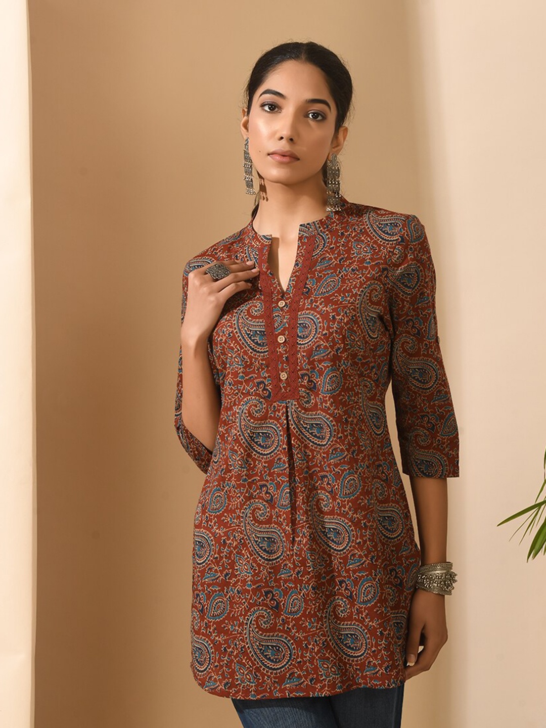 

MEESAN Mandarin Collar Printed Cotton Ethnic Tunic, Rust