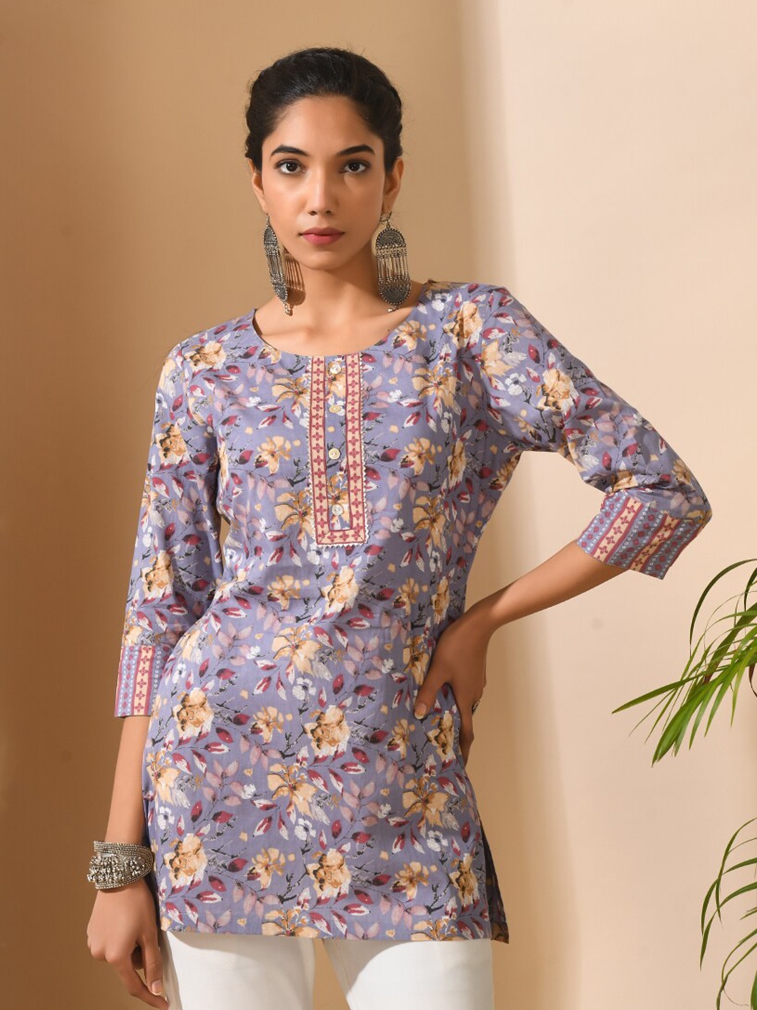 

MEESAN Printed Cotton Tunic, Mauve