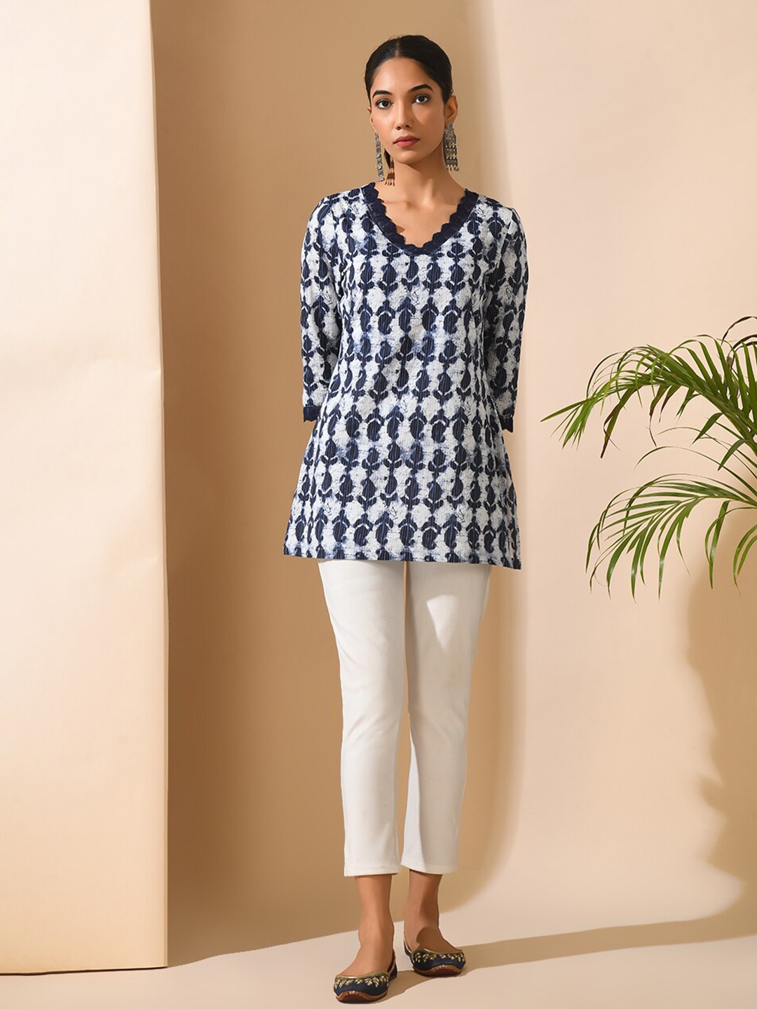 

MEESAN Printed V-Neck Cotton Tunic, Blue