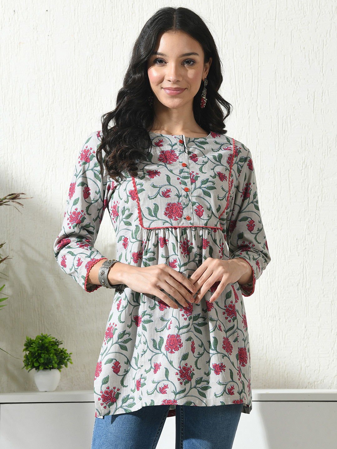 

MEESAN Printed Pure Cotton Kurti, Grey