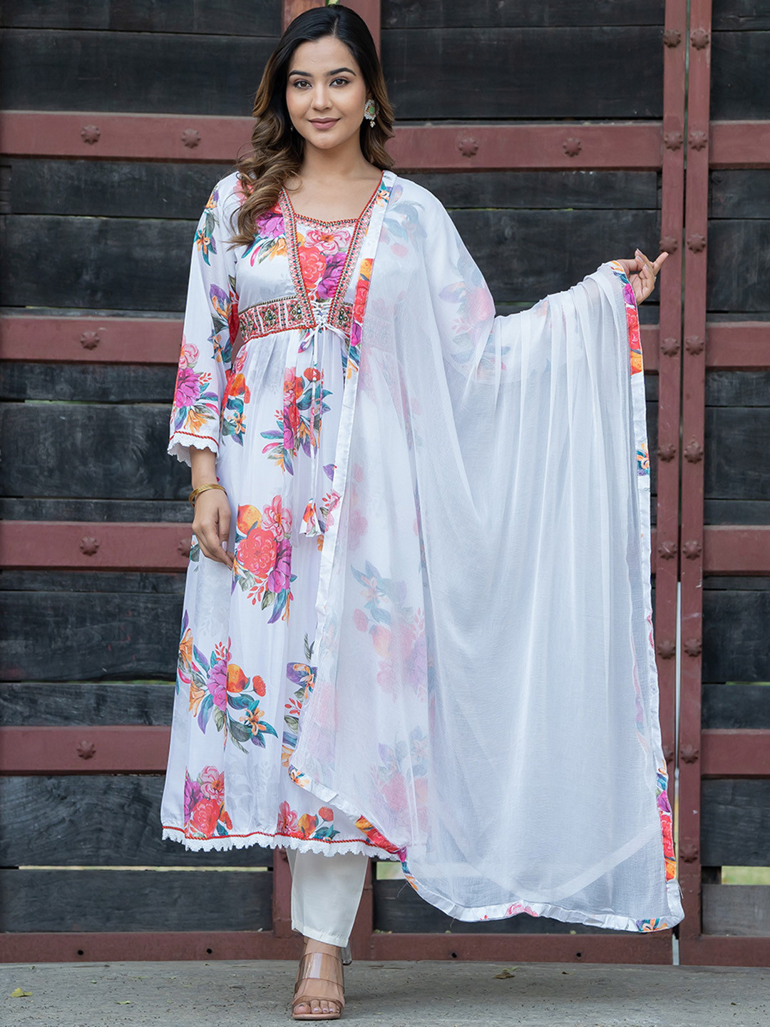 

ASPORA Floral Embroidered Pleated Mirror Work Silk Chiffon Kurta With Trouser & Dupatta, White