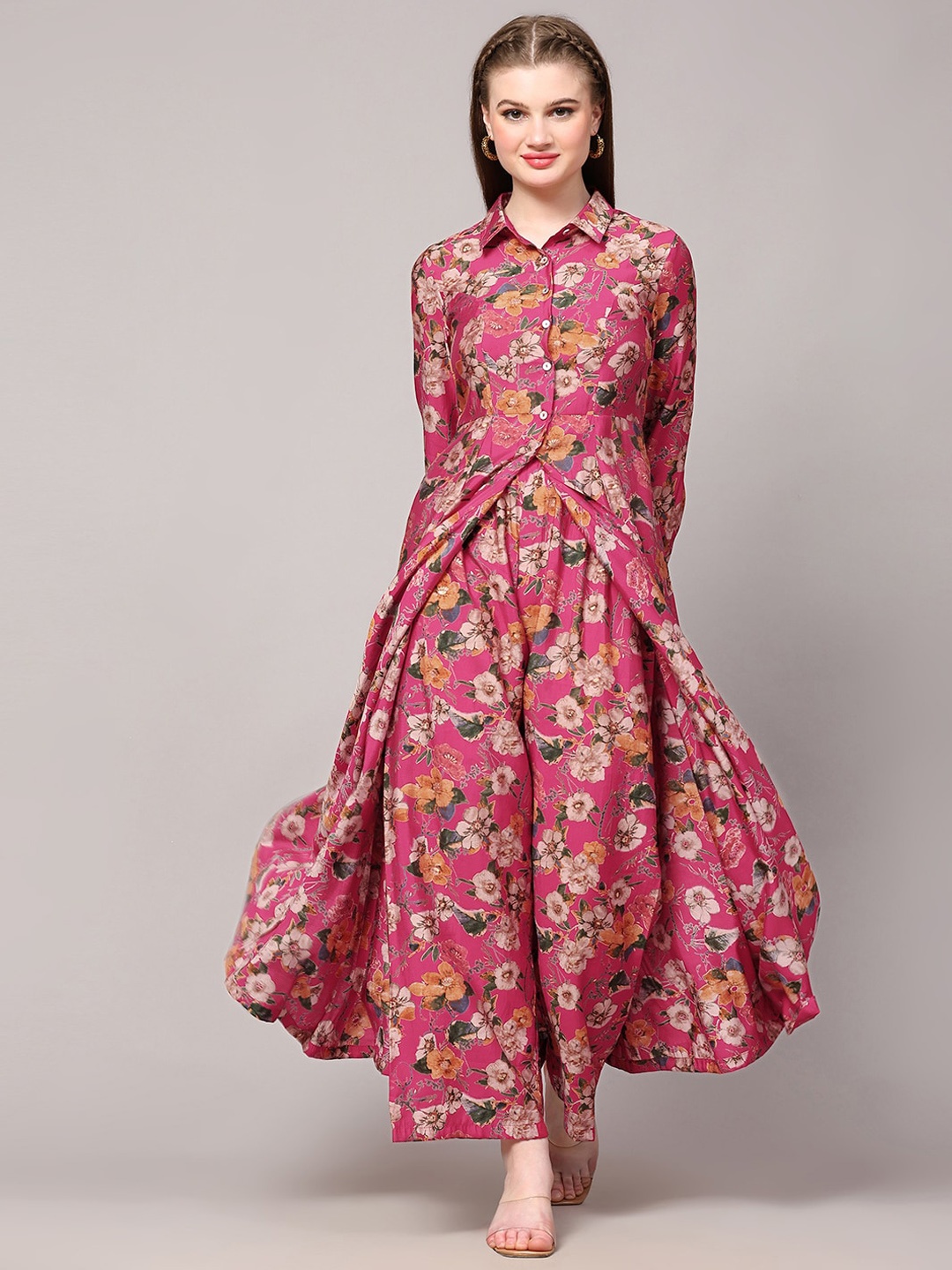 

Poshak Hub Ethnic Motifs Printed A-Line Linen Kurta with Palazzos, Pink