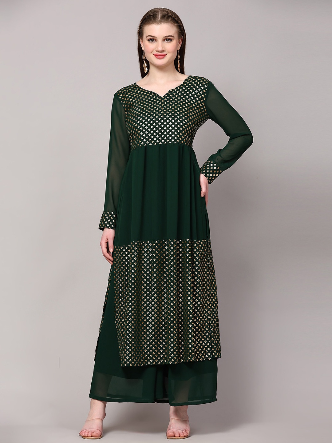 

Poshak Hub Ethnic Motifs Printed A-Line Kurta with Palazzos, Green