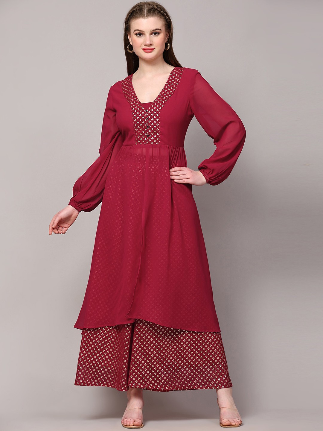 

Poshak Hub Ethnic Motifs Printed Georgette Kurta with Palazzos, Pink