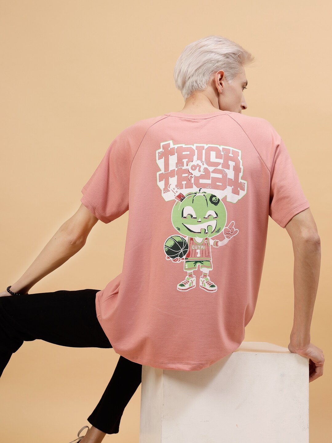 

Rigo Graphic Printed Raglan Sleeves Terry Cotton Oversized T-shirt, Peach