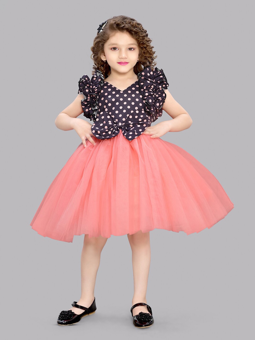 

Pink Chick Print Puff Sleeve Net Fit & Flare Dress, Peach