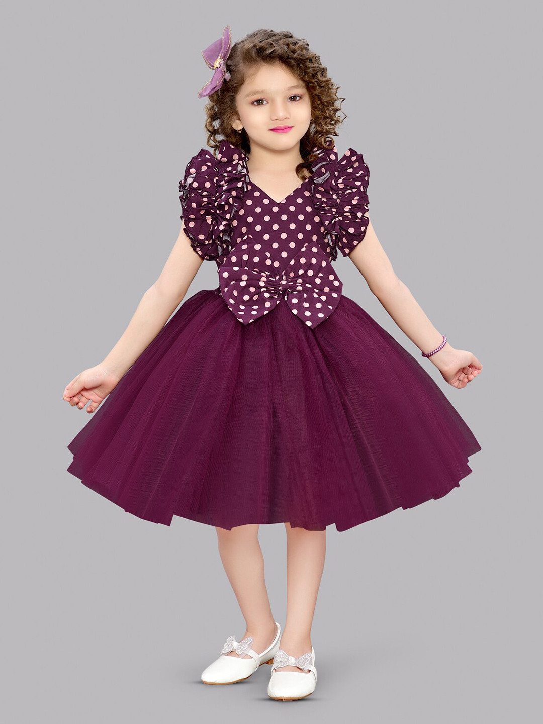 

Pink Chick Polka Dot Print Puff Sleeve Net Fit & Flare Dress, Burgundy