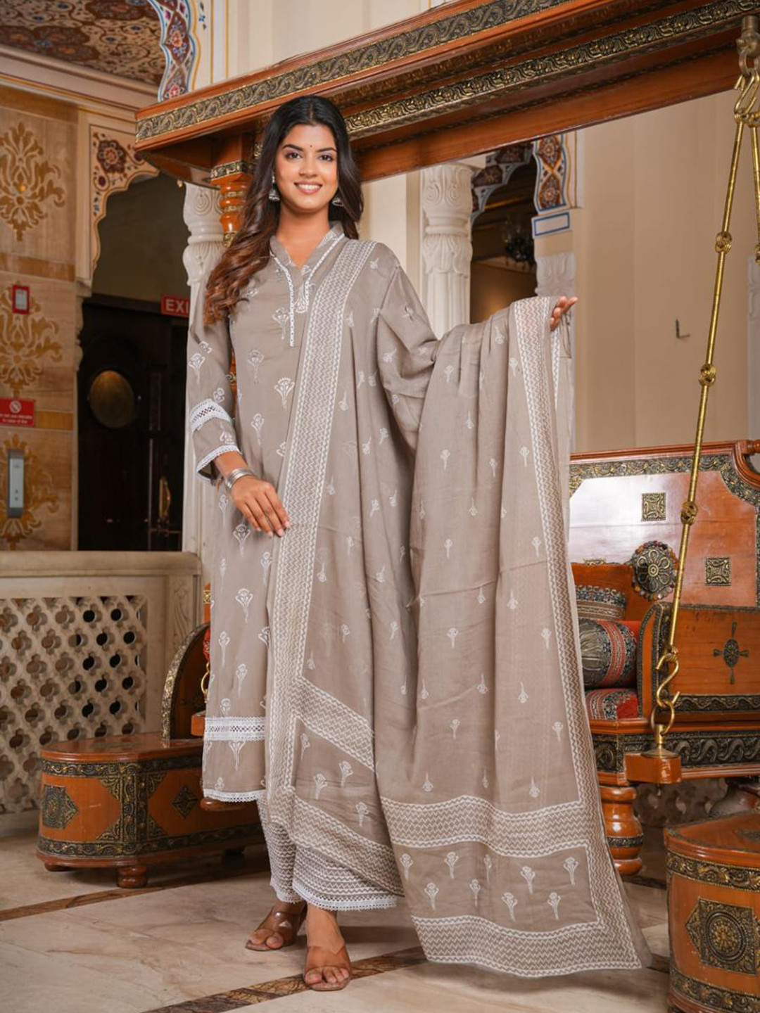 

INDYES Women Printed Regular Thread Work Pure Cotton Kurta with Palazzos & With Dupatta, Grey