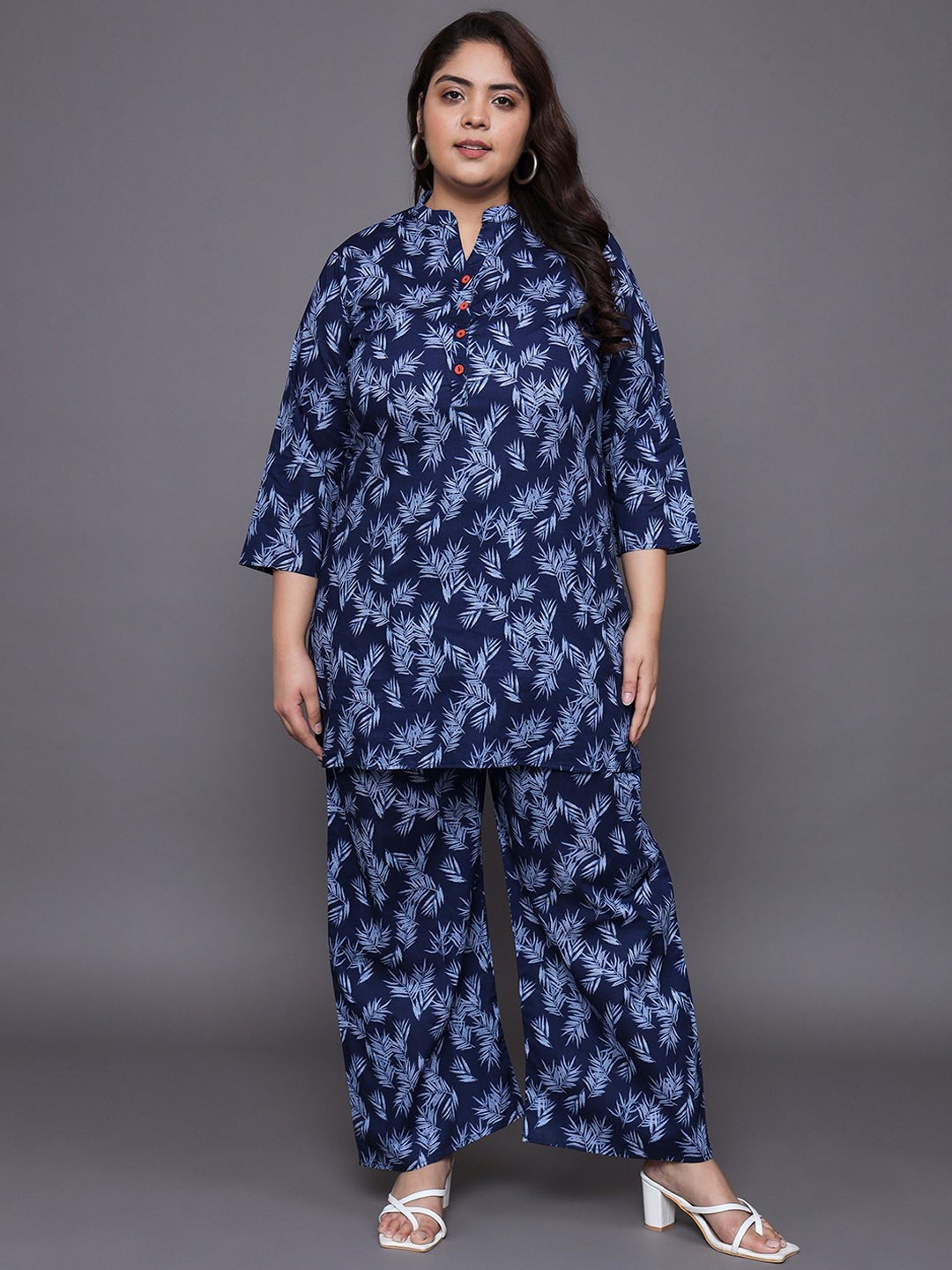 

Tissu Plus Size Printed Mandarin Collar Pure Cotton Top With Palazzos, Blue