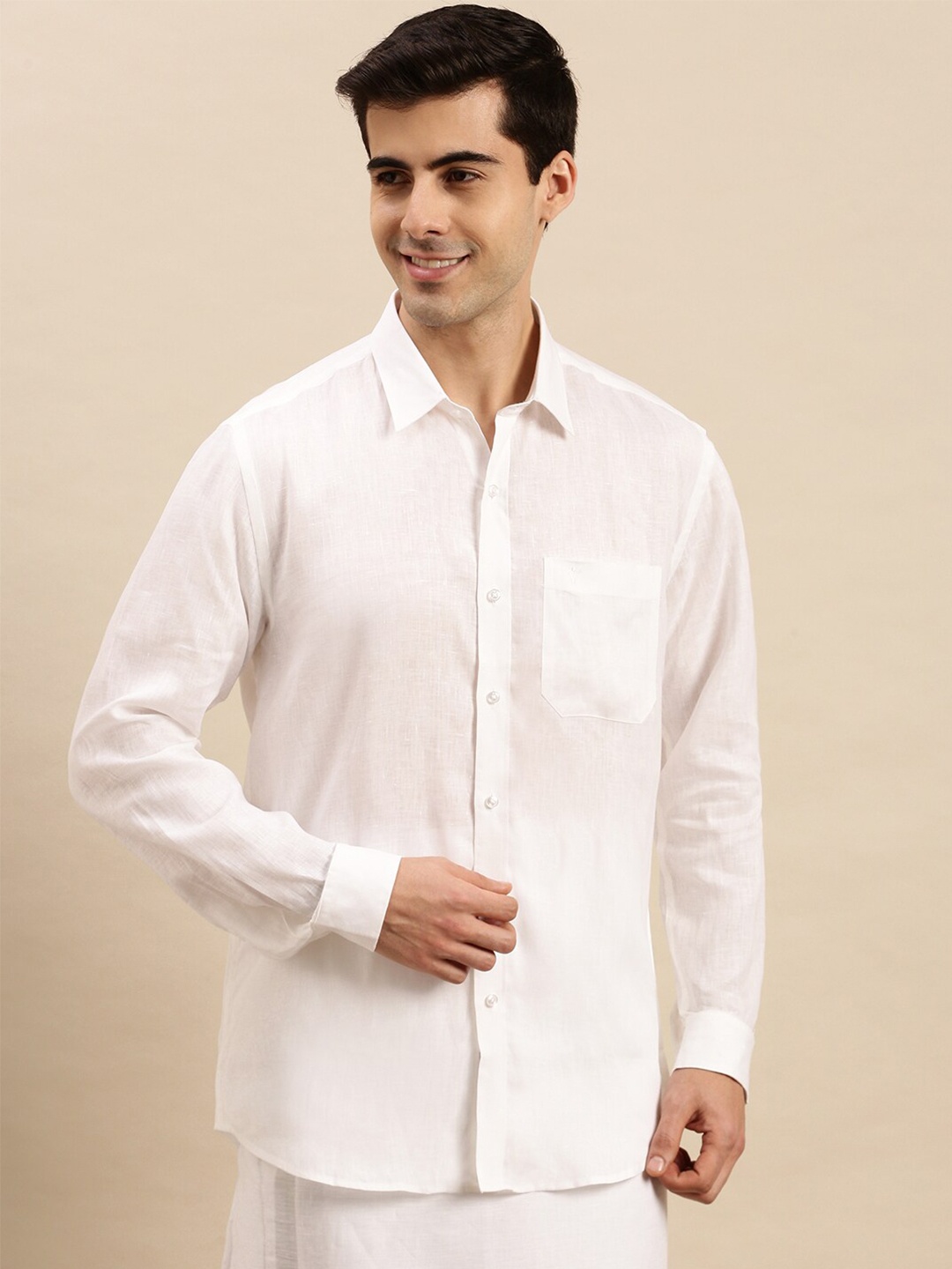 

Ramraj Spread Collar Cotton Linen Casual Shirt, White