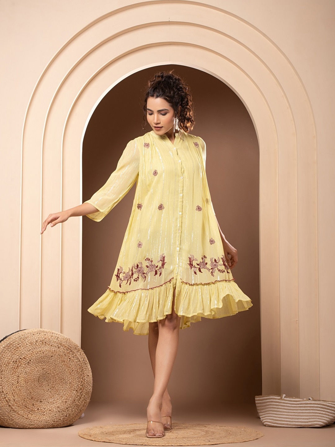 

Nyaro Floral Embroidered Mandarin Collar A-Line Dress, Yellow