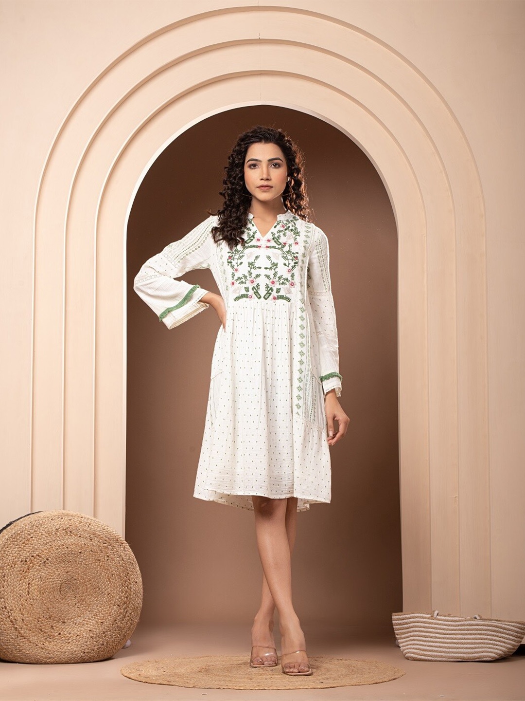 

Nyaro Polka Dot Printed Embroidered Mandarin Collar Cotton A-Line Dress, Off white