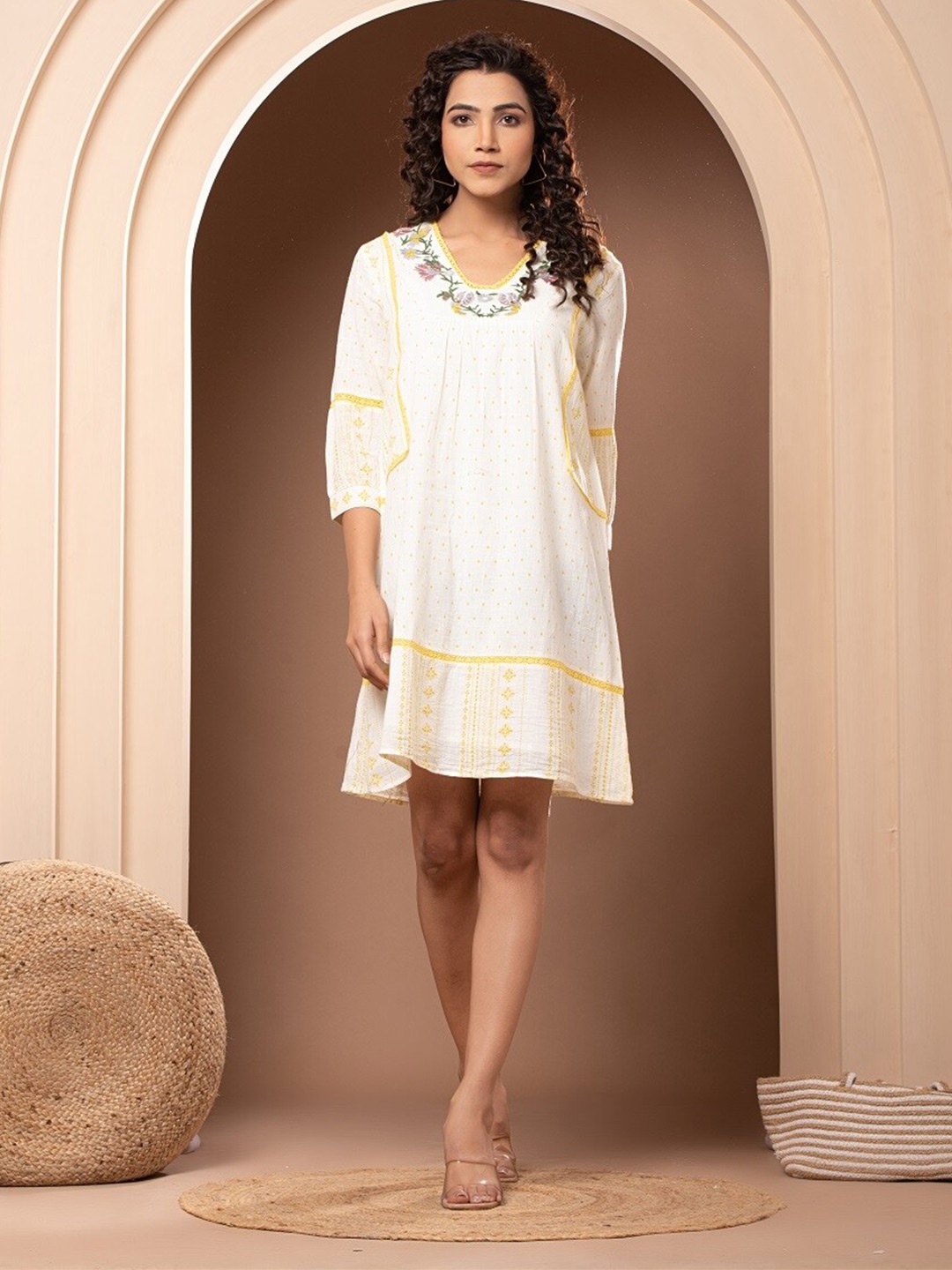 

Nyaro Floral Embroidered Cotton A-Line Dress, White