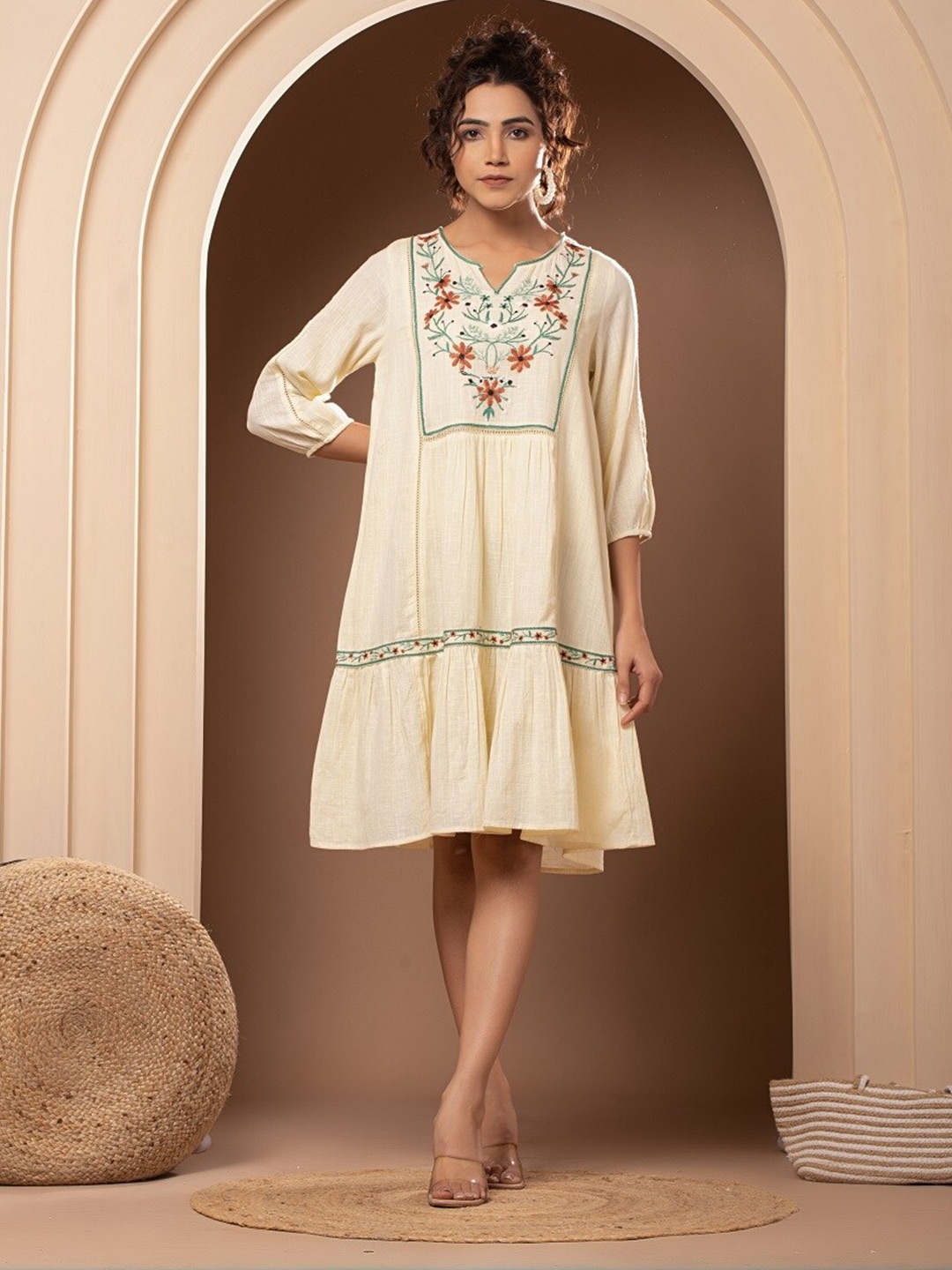 

Nyaro Floral Embroidered Cotton A-Line Dress, Beige