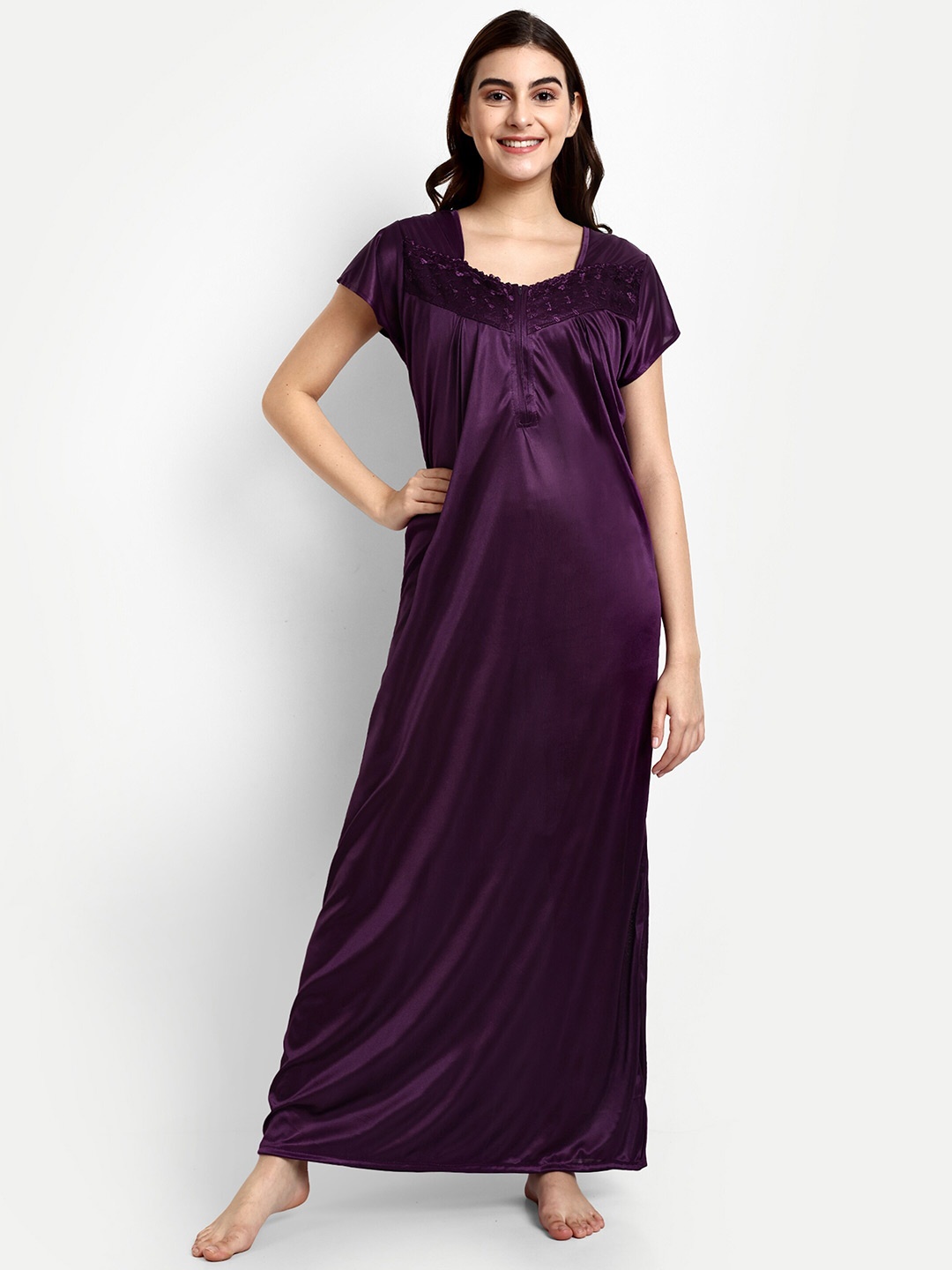 

AVYAY Satin Lace Maxi Nightdress, Purple