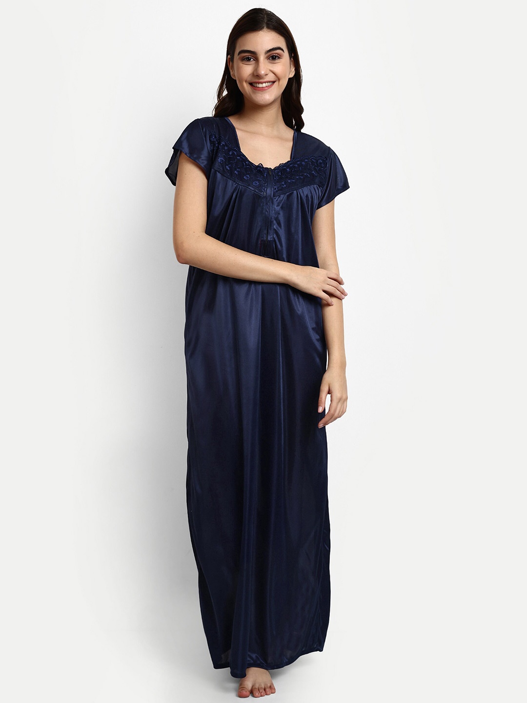 

AVYAY Satin Lace Maxi Nightdress, Navy blue