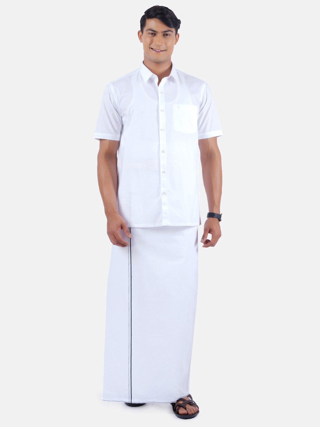 

Ramraj Short Sleeves Pure Cotton Shirt With Dhoti, White