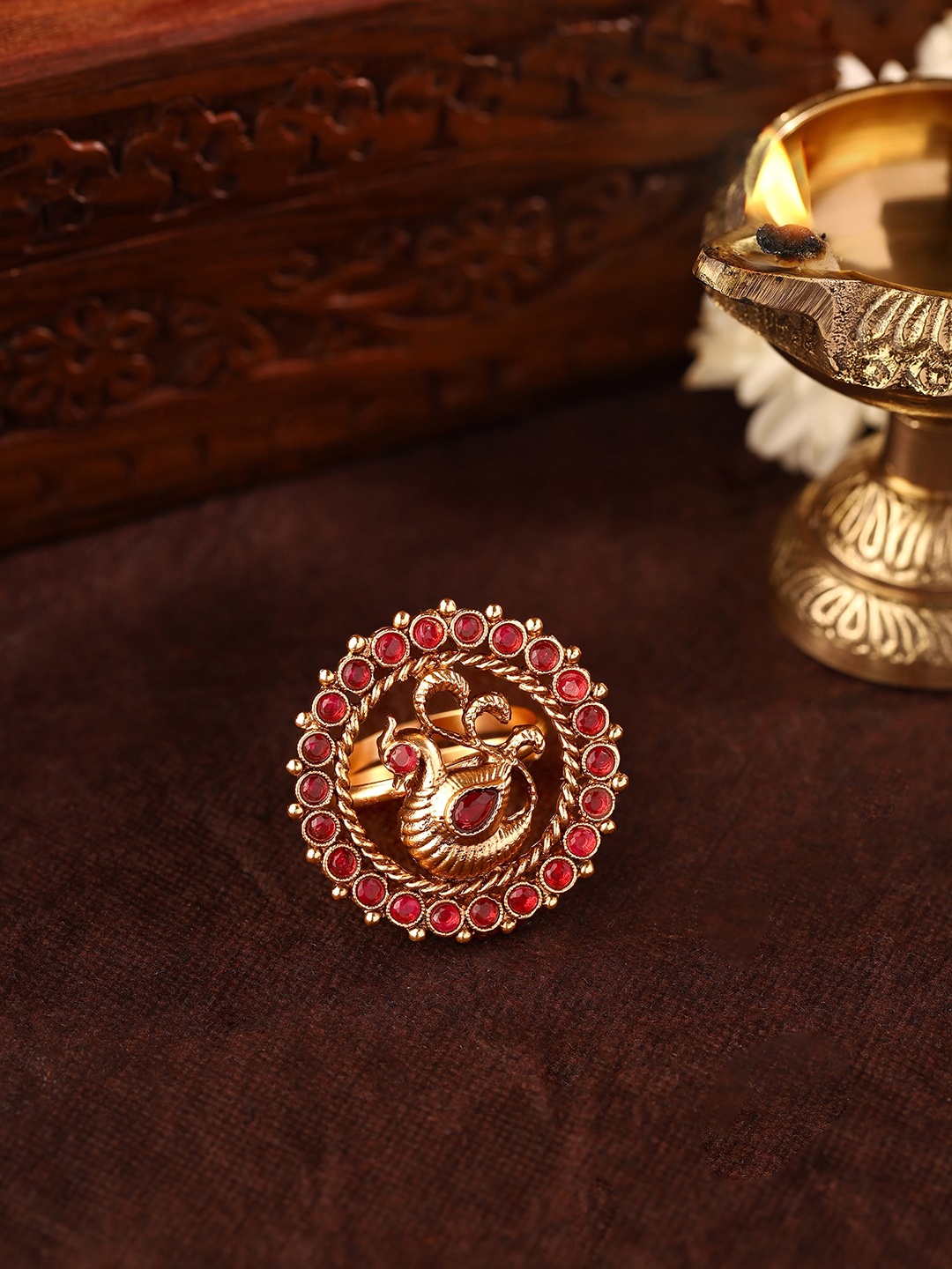 

Priyaasi Gold-Plated Ruby Stone-Studded Finger Ring, Red