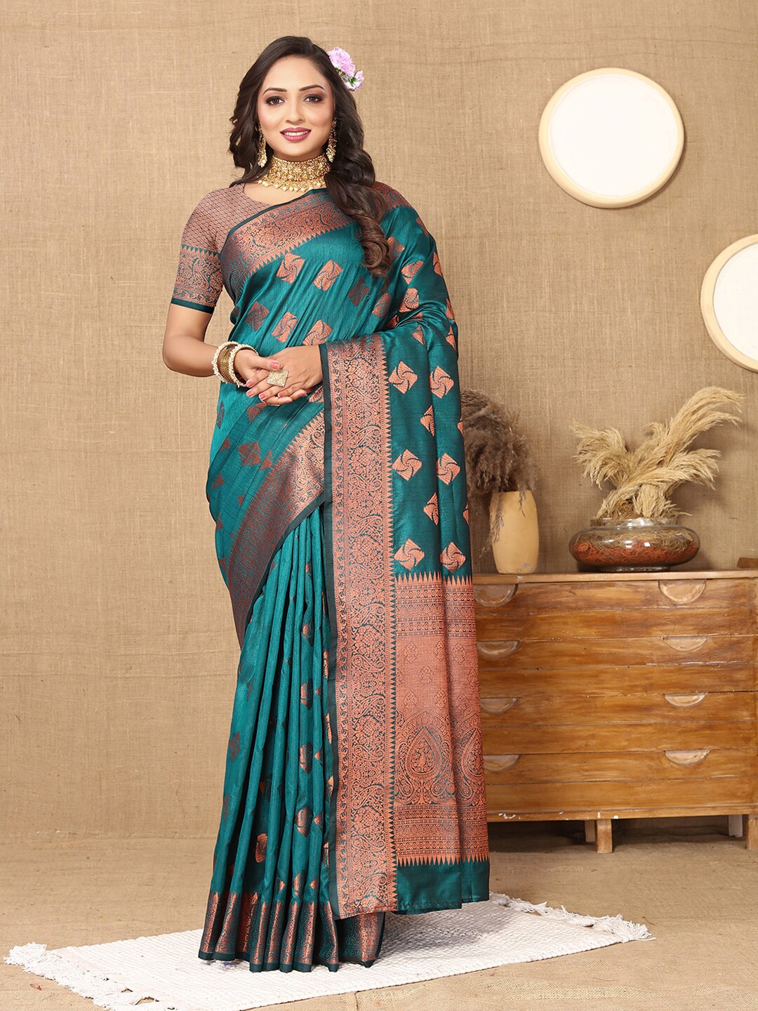 

Lookslady Ethnic Motifs Zari Chanderi Saree, Turquoise blue