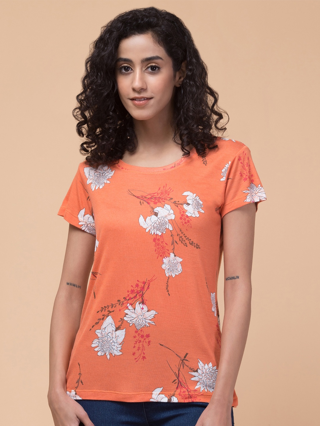 

BAESD Women Floral Printed Raw Edge T-shirt, Orange