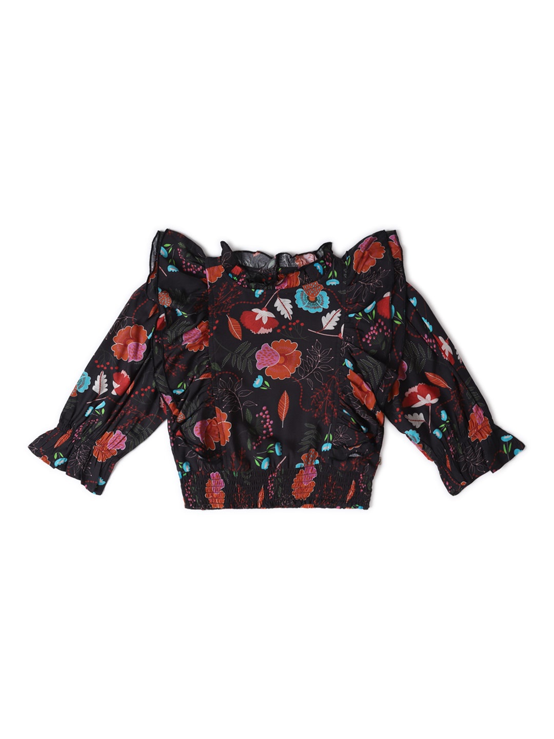 

Allen Solly Junior Floral Print Cold-Shoulder Cotton Blouson Top, Black