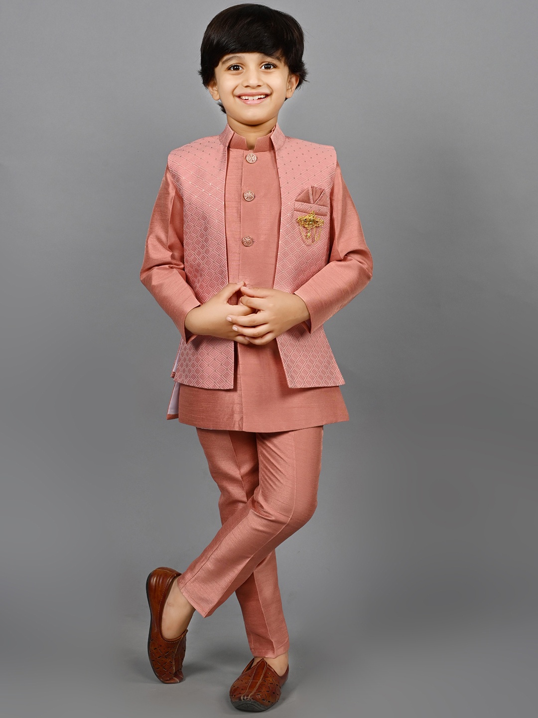 

ahhaaaa Boys Mandarin Collar Sherwani Set, Peach