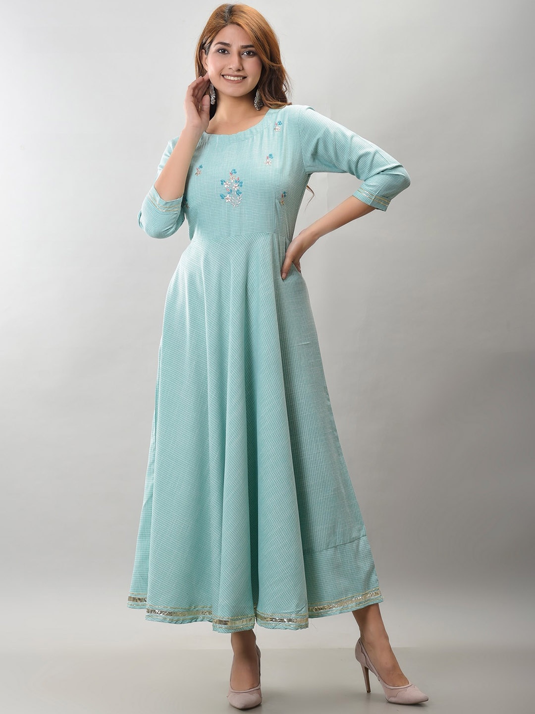

KALINI Women Cold-Shoulder Sleeves Mirror Work Floral Anarkali Kurta, Green