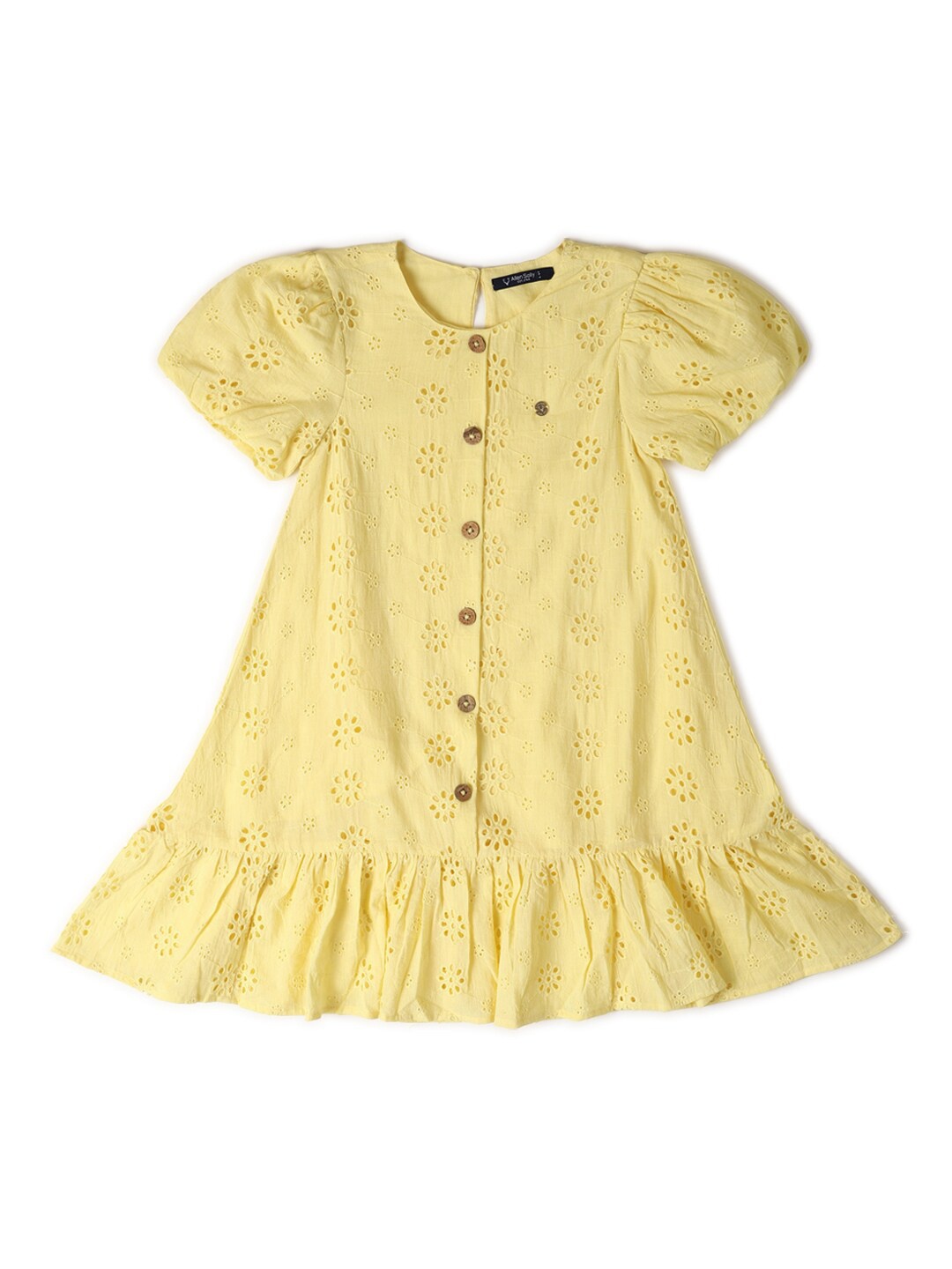 

Allen Solly Junior Girls Pure Cotton Puff Sleeve A-Line Solid Dress, Yellow