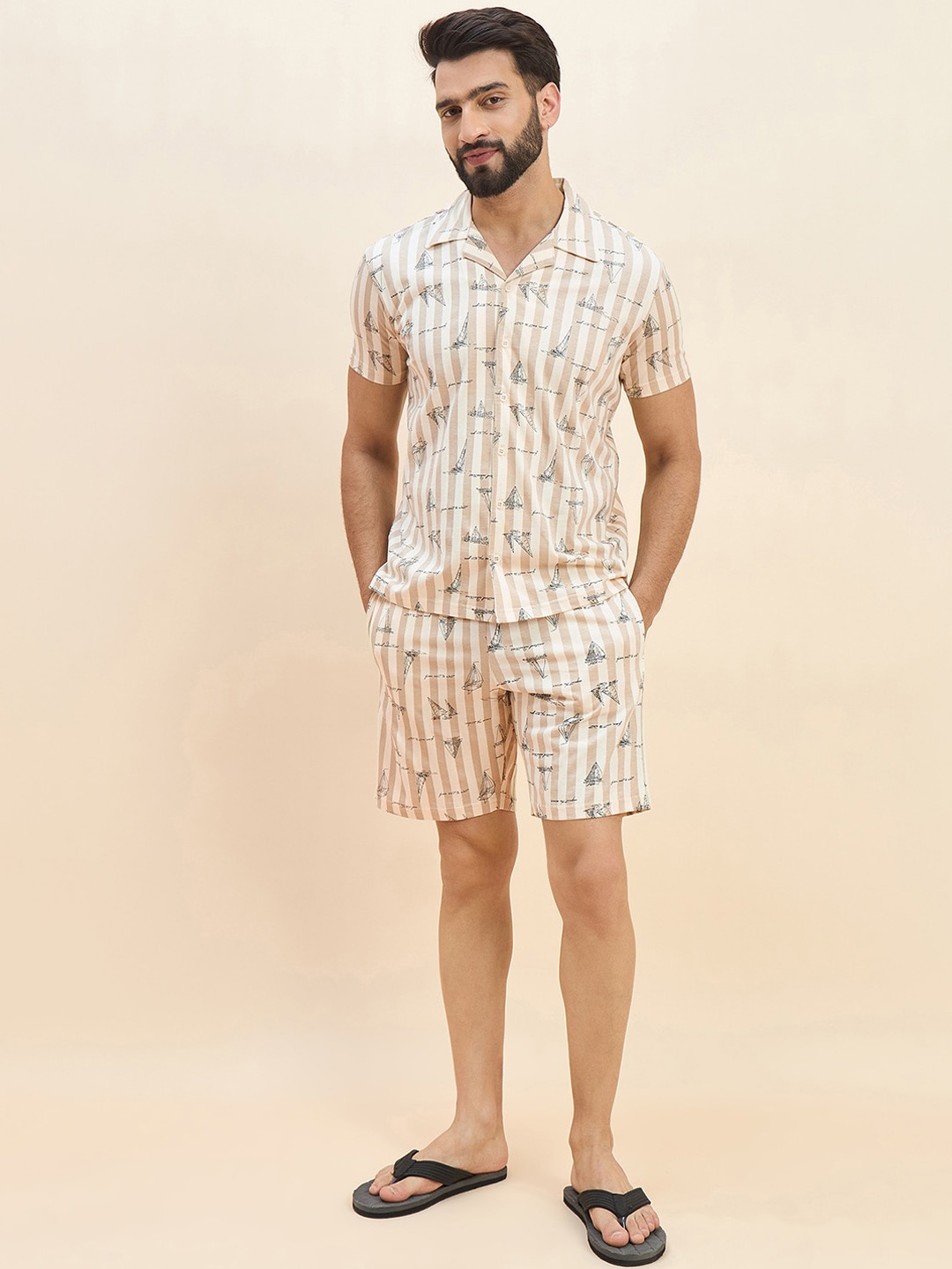 

Sweet Dreams Beige Graphic Printed Lapel Collar Pure Cotton Shirt & Shorts