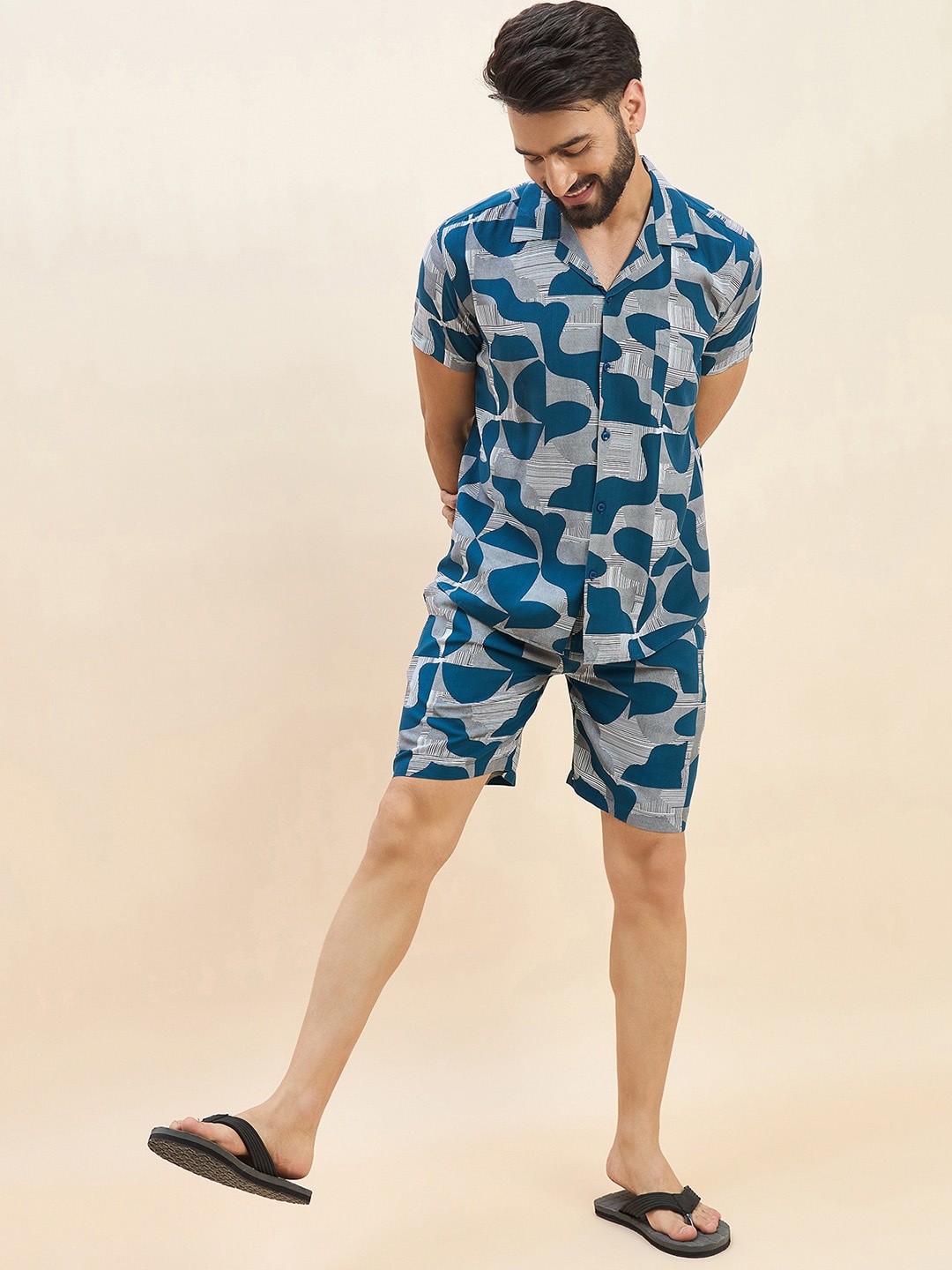 

Sweet Dreams Navy Blue Abstract Printed Lapel Collar Shirt & Shorts