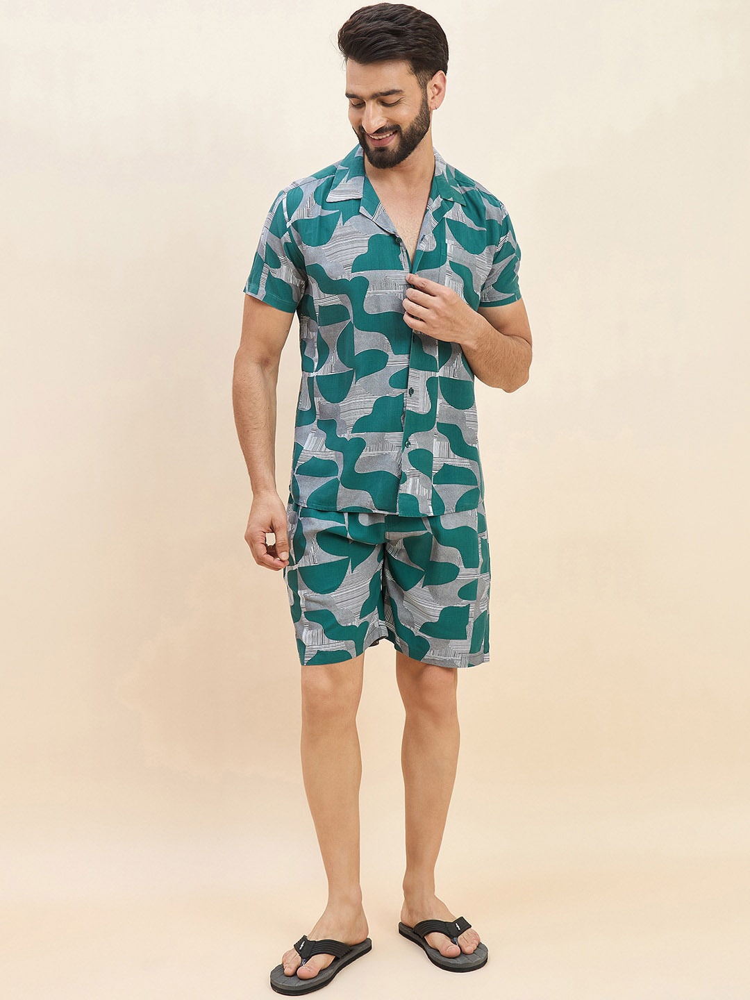 

Sweet Dreams Blue Abstract Printed Lapel Collar Shirt & Shorts