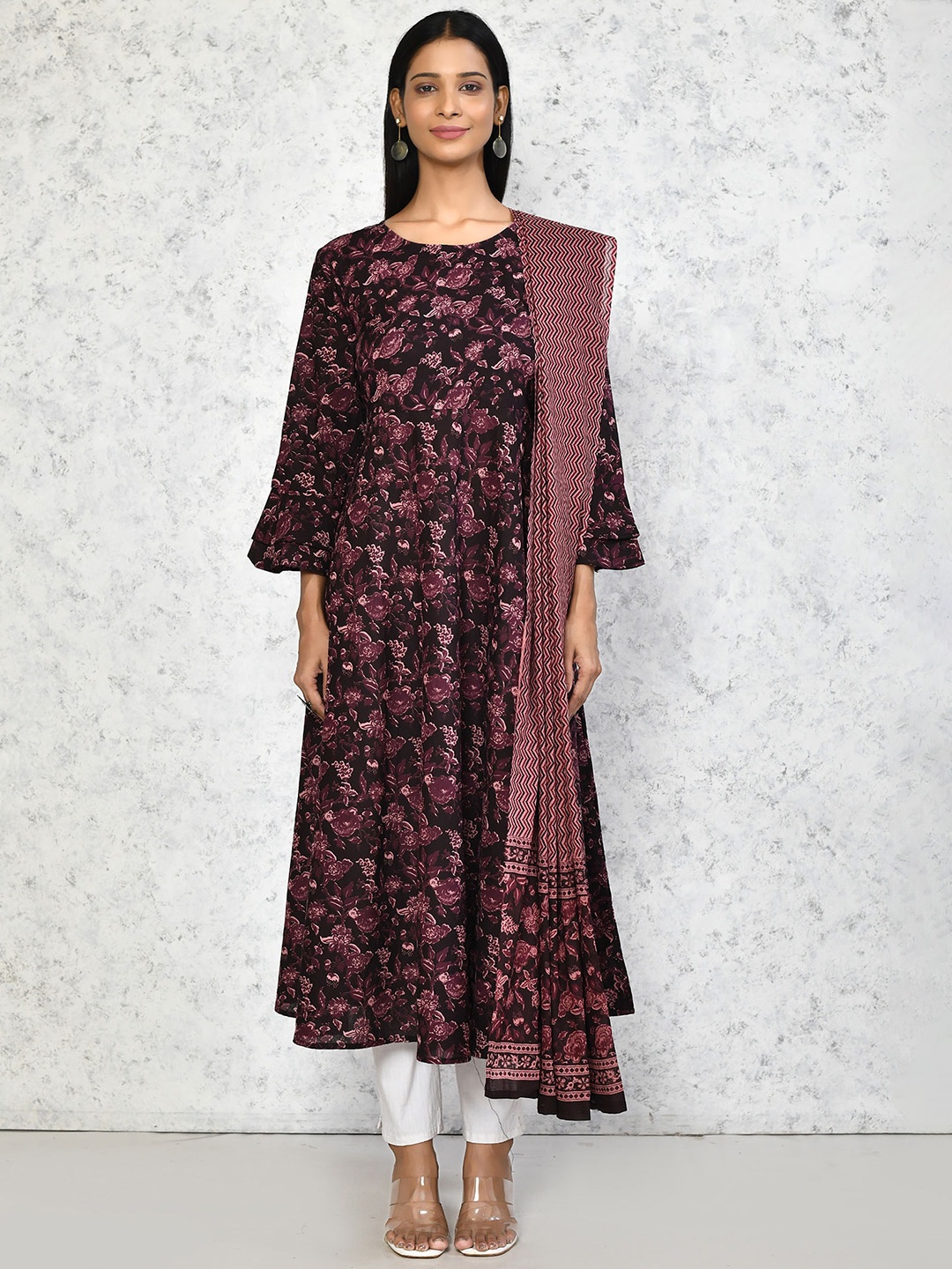 

MIRAVAN Stunning Bell Sleeve Floral Printed Anarkali Kurta Dupatta, Maroon