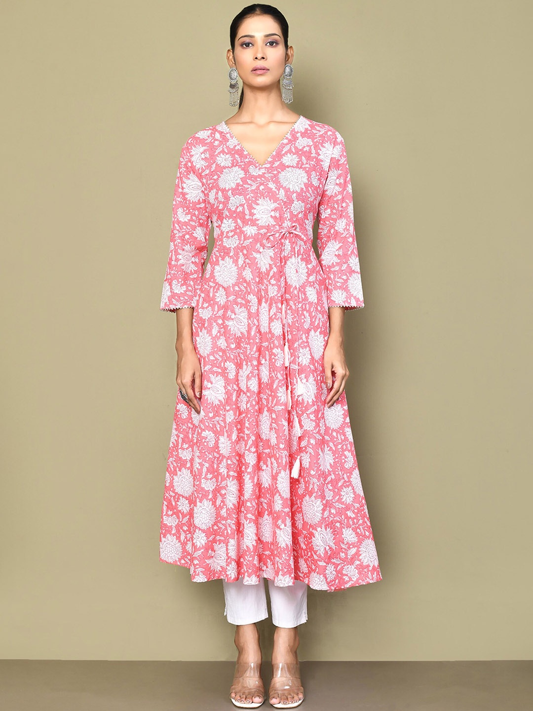 Miravan Womens Cotton Floral Printed Anarkali Kurta, Pink