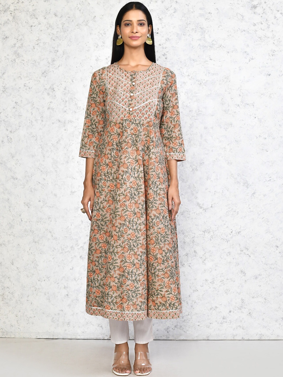 

MIRAVAN Cotton Floral Printed Anarkali Kurta, Brown
