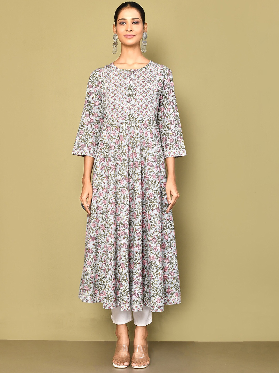 

Miravan Women's Blue Ethnic Motifs Gotta Patti Pure Cotton Anarkali Kurta