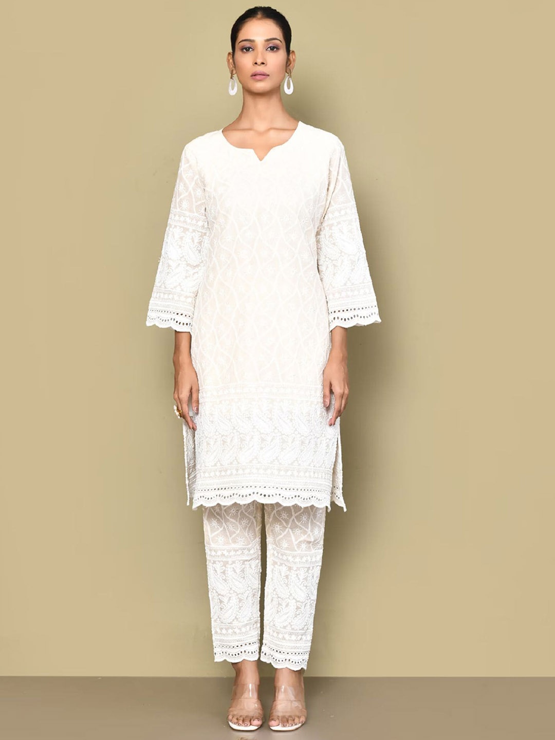 

MIRAVAN Floral Embroidered Pure Cotton Straight Kurta with Palazzos, Beige