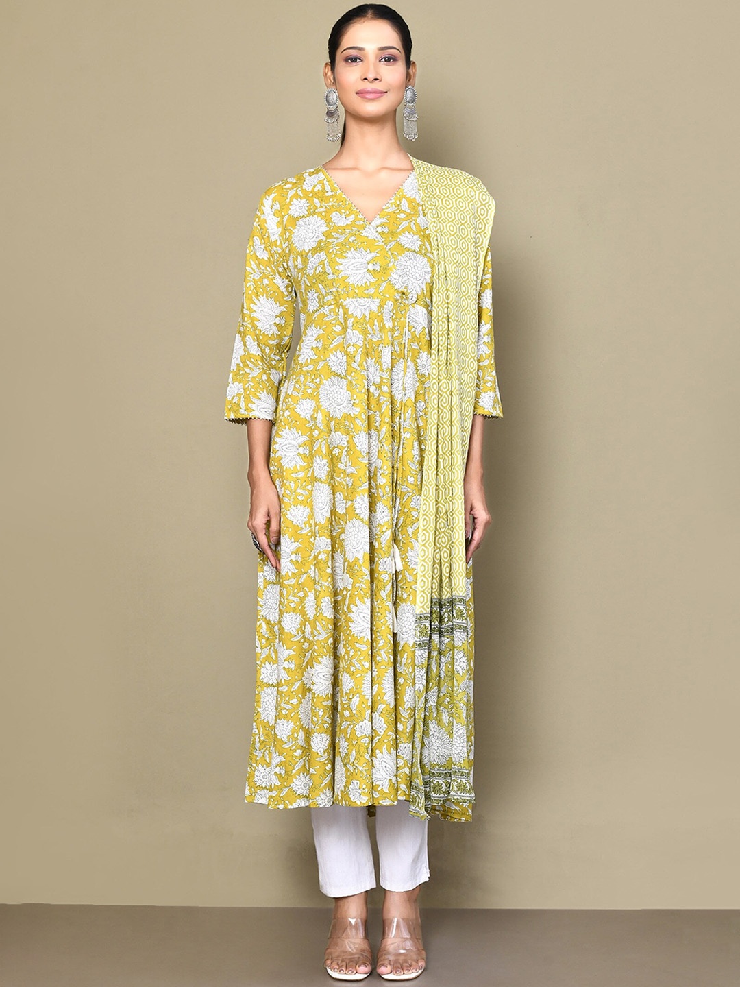 

Miravan Womens Cotton Floral Print Anarkali Kurta with Dupatta, Yellow