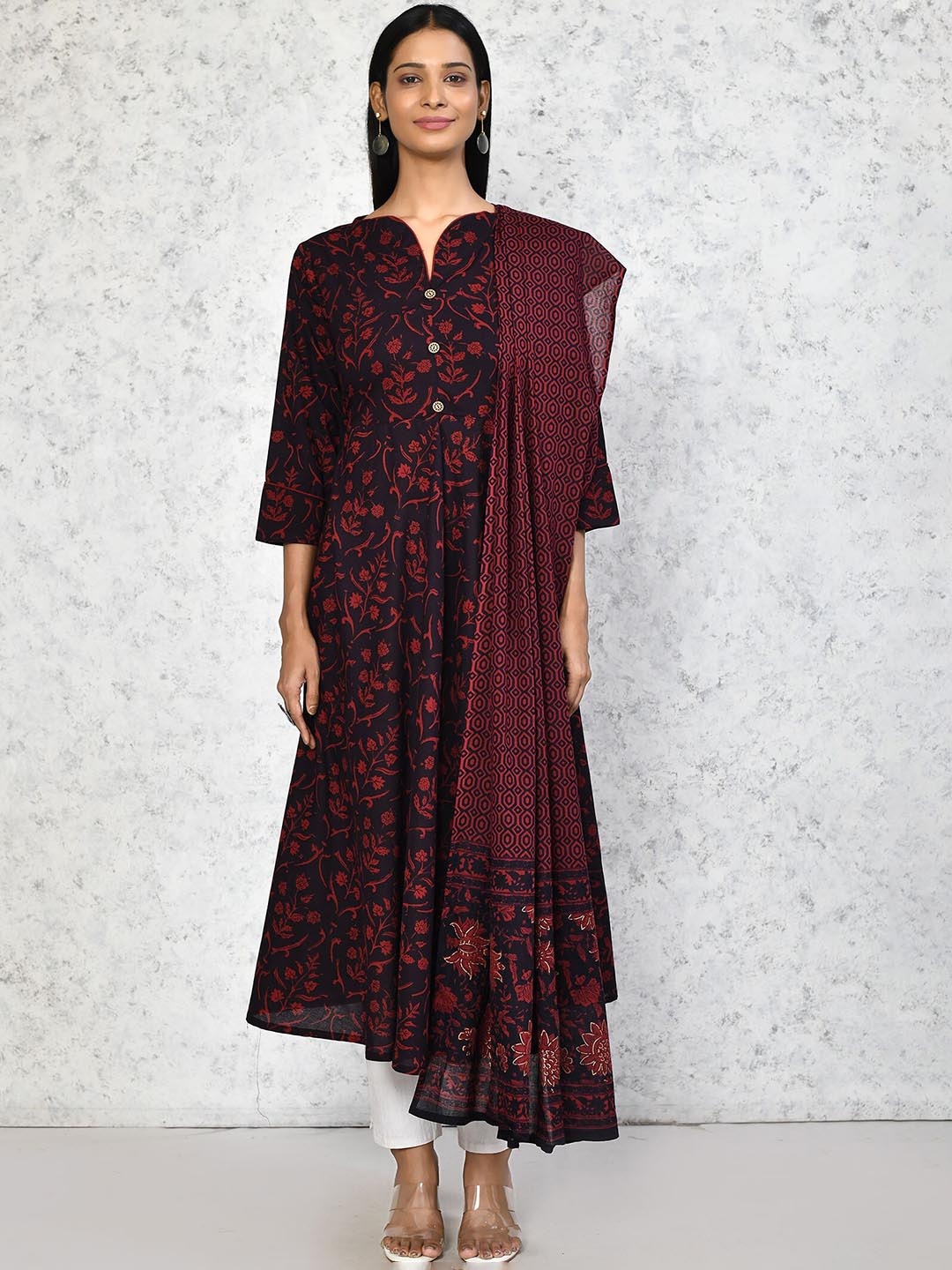 

Miravan Womens Cotton Floral Print Maroon Anarkali Kurta with Dupatta