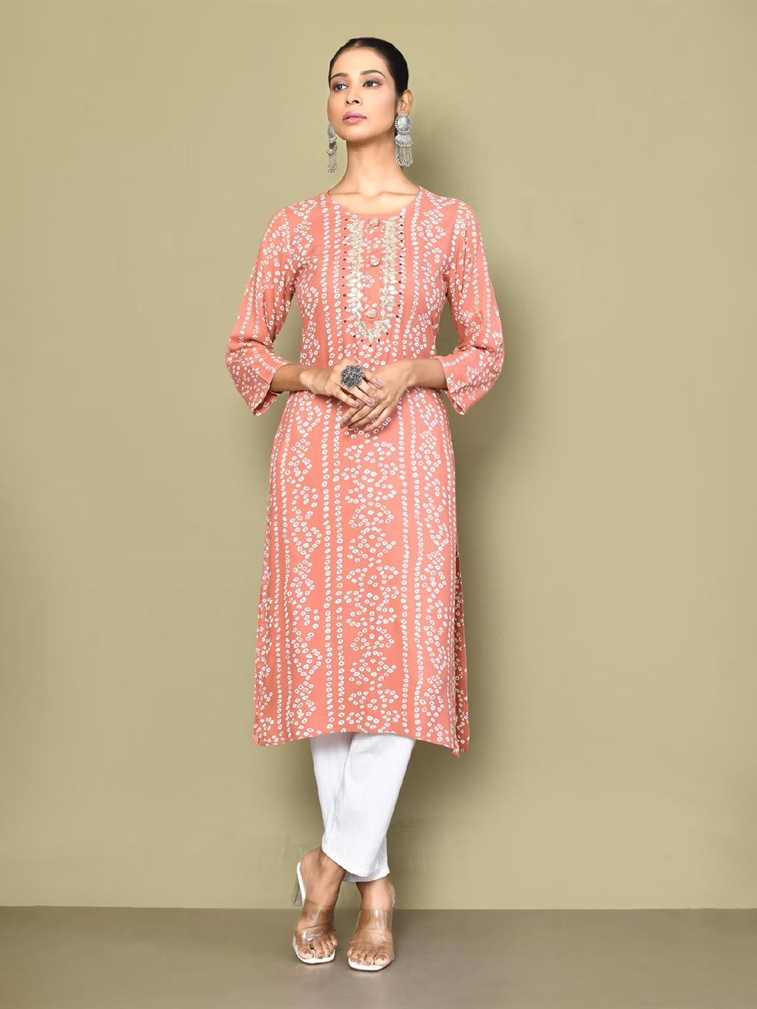 

MIRAVAN Printed & Embroidered Straight Rayon Kurta, Peach