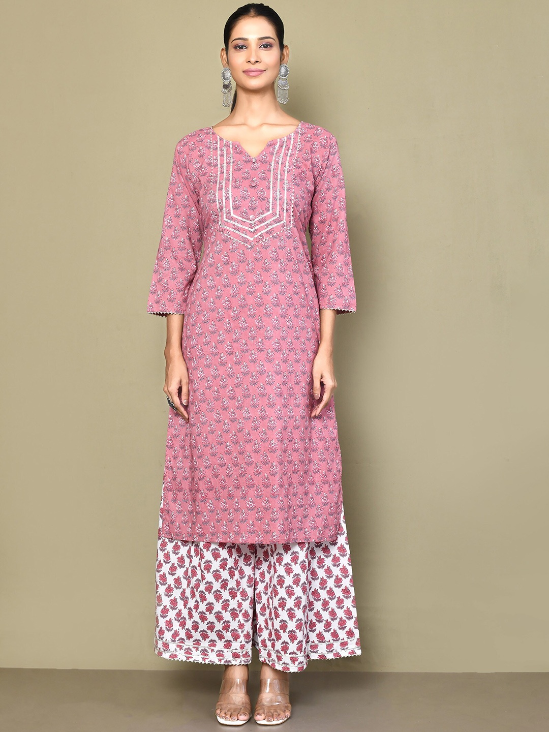 

MIRAVAN Floral Printed Pure Cotton Straight Kurta with Palazzos, Pink