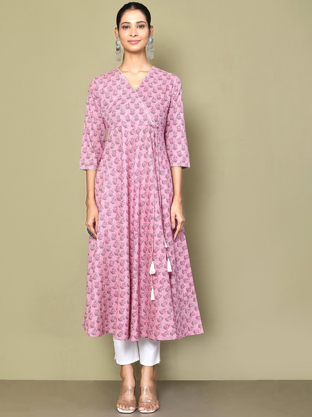 

Miravan Womens Pure Cotton Floral Print Long Anarkali Kurta, Pink